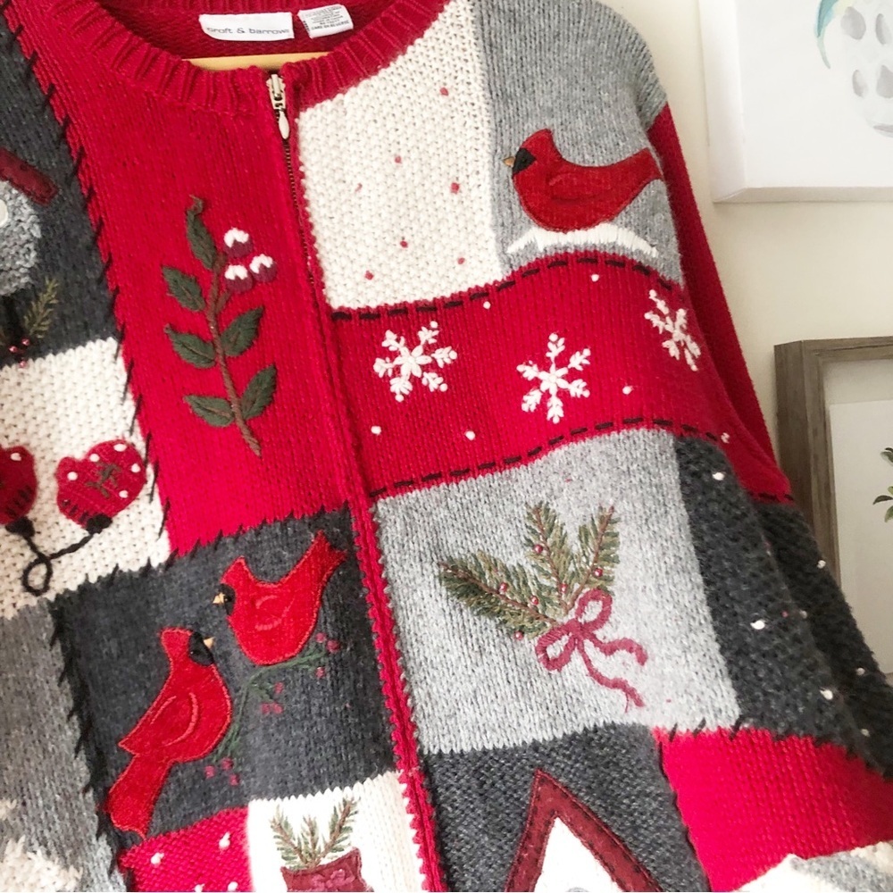 Vintage Croft Barrow Red Winter Patchwork Cardinal Snowflake Full Zip Sweater XL - Picture 12 of 14